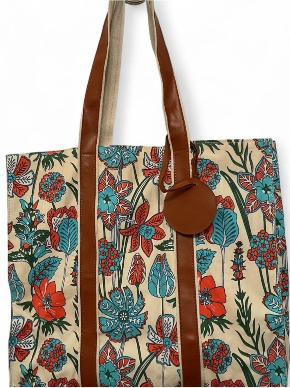Canvas Floral Tote Bag with Brown Trim - Multicolor
